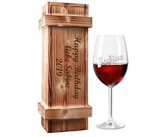Rotweinglas (Leonardo) mit Holzkiste im Geschenk-Set - mit kostenloser Gravur - EIN besonderes Geburtstagsgeschenk | Weingeschenk Weinglas graviert | Muttertagsgeschenk (Name)