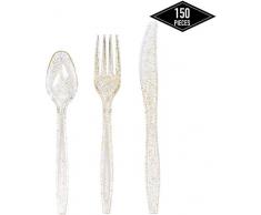 Set mit 150 hochwertigem Einweg-Glitzer-Goldbesteck - 50 Einwegmesser, Einweggabeln & Einweglöffeln, ideal für Hochzeitsfeiern, Anlässe, Geburtstage, Weihnachten, Silvester & mehr