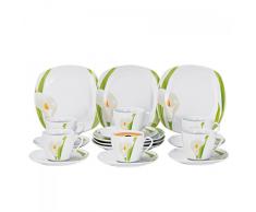 Van Well 18tlg. Kaffeeservice Calla für 6 Pers, Kaffeetassen + Unterteller + Kuchenteller, weiße Blüte, Pflanzendekor, Porzellan-Geschirr, Gastro
