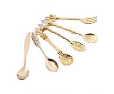 Yosoo 6pcs Retro Weinlese Art Zink Legierung Geschnitzte Kaffee Eiscreme Frucht Nachtisch Löffel Und Gabel (Farbe : Gold)
