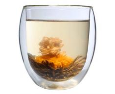 Feelino 320ml XXL doppelwandiges Thermo-Glas Ice-Bloom inkl. Einer Weißtee - Teeblume, Jumbo großes Teeglas/Kaffeeglas mit Erblühtee und Schwebeeffekt, auch als Vorspeiseglas geeignet