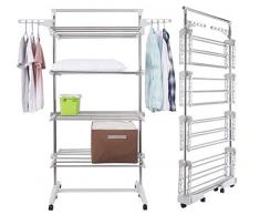 Wäscheständer E4 Seitenflügel auf 4 Ebenen, klappbarer Wäscheturm 178CM hoch Turm-Wäscheständer für innen mit faltbaren Flügeln für große Familien, mit 6 Rollen