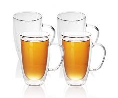 Intirilife 4X Doppelwandiges Thermo Glas Set in 400-500ml im – Mudgeblasen isoliert für Latte macciato, als Teeglas oder Kaffeeglas Spülmaschinen geeignet mit Henkel