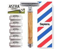 Rasierhobel von Sapiens • Nassrasierer mit 5 Rasierklingen Astra • ZERO WASTE • Klassischer Rasierhobel/Bartrasierer mit Holzgriff • Handrasierer für Gesicht & Körper • Herren & Damen