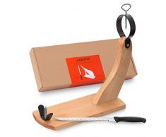 Schinken-Zubehör-Set | Schinkenständer Holzgestell Model Gondola | Schlankes Schinkenmesser mit Kullenschliff | Ideal für das Aufschneiden von Serranoschinken & Ibéricoschinken | Original von jamon.de