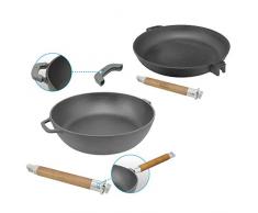 BIOL Set 2x Bratpfanne Gusseisen 24 cm und 26 cm Grill Pfanne Schmortopf Holzgriff Tiefe 45 und 66 mm Pan Steak Braten INDUKTIONSFÄHIG
