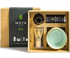 Organischer Moya Matcha Tee Set Pulver Grün | BIO 30 g Premium Klasse (I) | Verpackung + Matcha-Schale + Bambusbesen + Besenhalter+ Bambuslöffel | Set zur Matcha-Zubereitung | Geschenkset