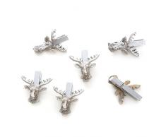 6 Stück kleine silber-farbene Zier-Deko-Holz-Wäsche-Klammern HIRSCH-KOPF-GEWEIH - Deko-Klammern Holz-Klammern Mini-Klammern Weihnachtsklammern Mini-Wäscheklammern zu Weihnachten