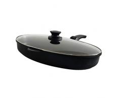 Fischpfanne 41x27 cm, Aluguss, Induktion - Inkl. Glasdeckel und abnehmbarem Griff in Premium Qualität (A Ware, neueste Serie) 1 Monat Geldzurückgarantie! - Made in Europa