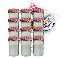 MamboCat 12er Set Sturzglas 435 ml Marmeladenglas Einmachglas Einweckglas to 82 rot Karierter Deckel incl. Diamant-Zucker Gelierzauber Rezeptheft