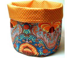 Körbchen aus Stoff - BUNTE ORNAMENTE - und - POLKA DOTS ORANGE - zum Wenden - waschbar - Brotkorb/Stoffkörbchen/Stoff-Korb/Brot-Körbchen - Geschenk Geburtstag Hochzeit