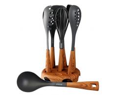 STONELINE 8tlg Set mit rotierender Halterung, Holzoptik Küchenhelfer, Kunststoff, Nature, 18.9 x 11.9 x 34.9 cm