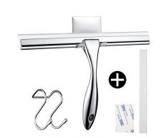 IYQOL Duschabzieher, Fensterabzieher aus Edelstahl mit Haken Selbstklebend S Haken, Wischer für Badezimmer Spiegel Fenster Glasreinigung, Duschwischer mit 1 Silikon Wischlippe Dusch Ersatzlippe