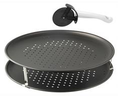 Zenker Pizzaset 3-teilig, Pizzableche & Pizzaschneider, Pizzablech rund (Ø 32 cm) gelocht, inkl. Pizzaschneider und Halter, für Pizza & Flammkuchen