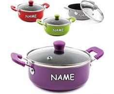 alles-meine.de GmbH 2 Stück - kleine Töpfe / Kasserolle / Schmortöpfe - bunter Farb-Mix - inkl. Name - mit Glasdeckel - Ø 14,5 cm - antihaftbeschichtet - Kochtopf Antihaft - Sauc..