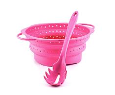 Kochblume Spaghetti Set | Pastalöffel mit faltbarem Sieb aus Silikon (pink)