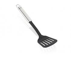 Leifheit Pfannenwender NylonSterling-Serie, Küchenhelfer aus rostfreiem Edelstahl und hitzebeständigem Nylon zum Kochen ohne Kratzer, Bratenwender mit ovalem Griff und praktischer Aufhängeöse, silber