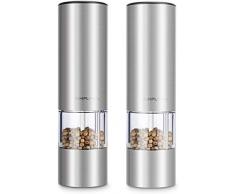 SIMPLETASTE Elektrische Pfeffermühle Salzmühle, mit Verstellbarem Keramikmahlwerk 2er Set Gewürzmühle aus Edelstahl Batteriebetrieben mit LED