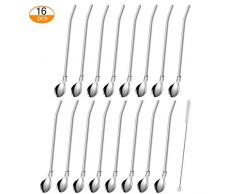 ANDERK 16 Strohhalm Wiederverwendbar Löffel, Latte Macchiato Löffel 2 in 1 Metall Rührer Bar Cocktail Rühren Kaffee Smoothies Rührlöffel Metallstrohhalm mit 1 Reinigungsbürsten