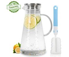 MUHOO Glaskaraffe 2 Liter Wasserkaraffe aus Glas, Borosilikatglas Karaffe Glaskaraffe mit Deckel Wasserkrug Glas Krug Eistee Krug mit Edelstahldeckel (2000ml)