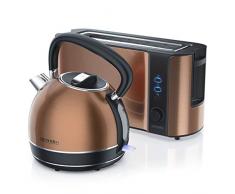 Arendo - Edelstahl Wasserkocher und Toaster in Kupferoptik - Wasserkessel max. 2200W - Kalkfilter - 1,7 Liter - 2 Scheiben Langschlitztoaster inkl. Brötchenaufsatz - Frühstücksset