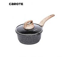 Carote EW Aluguss Stielkasserolle 18 cm Induktion mit ILAG Antihaftbeschichtung, Glasdeckel, Soft-Touch-Kunststoffgriff mit Holzeffekt, für alle Herdarten