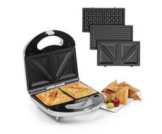 Klarstein Trilit 3-in-1 Sandwich Maker Panini Maker Kontaktgrill Waffeleisen, 750 Watt, 3 austauschbare Aluminium-Grillplatten, Anti-Haft-Beschichtung, rutschfest, Kunststoff-Gehäuse, silber