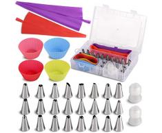 Feeke 32 Spritztüllen Set Backzubehör 24 Edelstahl Tüllen Aufsätze Teiliges Spritztüllen 2 Silikon Spritzbeutel mit 4 Cupcake Förmchen für Küchen Dekorieren