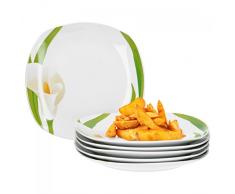 Van Well 6er Set Speiseteller Calla, 250 x 250 mm, Menü-Teller, großer Essteller, Servierteller, weiße Blüte, Pflanzendekor, Porzellan-Geschirr, Gastro