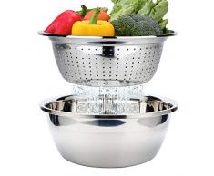 Edelstahl Seiher und Schüsselset Küchensieb Nudelsieb Reis Waschschüssel Salat-Sieb Rührschüssel Set, Stapelbares Edelstahl Schüsselset Ø 26cm