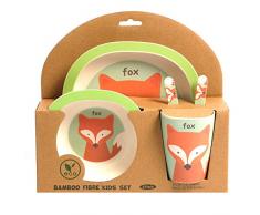 ORNAMI 5-teiliges Bambus-Geschirrset für Kinder, Fuchs Design - Kinder-Geschirrset mit Teller, Kleinkindbesteck, Bambusfaser Schale und Kinderbecher - umweltfreundlich, BPA-frei und spülmaschinenfest