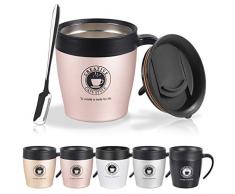 Vabaso 330ML Thermobecher Coffee to Go Becher mit Deckel, Griff und Kaffeelöffel, Doppelwandig Vakuumisolierter Edelstahl Kaffeebecher, Thermo Trinkbecher für Tee Bier RoseGolden
