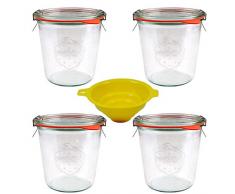 4 Weckgläser/Rundrandgläser in Sturzform 500 ml (auch gut geeignet für Kuchen im Glas) inkl. Klammern+Ringe und einem gelben Einfülltrichter mit Arretierung