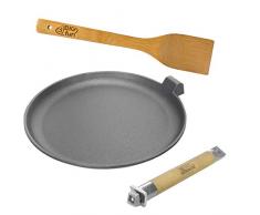 24cm Pfannkuchen Bratpfanne aus Gusseisen mit abnehmbaren Holzgriff und Pfannenwender aus Bambus von 4big.fun *** Pancake Crepes *** Alle Herdarten inkl. Induktion *** 204mm Bodendurchmesser