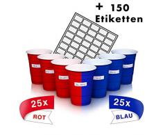 [50+150]Premium Mehrweg Plastikbecher Trinkbecher Set | 25 rote+ 25 blaue Becher + 150 Etiketten 530 ml für Geburtstage und Hochzeiten Beer Pong Becher Red Cups Trinkspiel Party-Becher