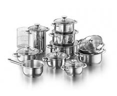 Kopf Topfset Janina 19-teilig aus Edelstahl, Induktion-Kochtopf-Set, 7X Töpfe, 1x Spargelotpf, 1x Stielkasserolle, 2X Sieb und 8X Glasdeckel