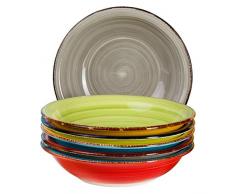 6-TLG. Tellerset Malaga | Bunte Suppenteller tief | 650 ml | Ø 21.5 cm | Salatteller rund | Servier-Schale | Steingut-Teller | handbemalt
