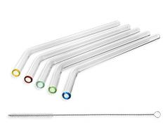 STRAWGRACE® Glas-Strohhalme mit bunten Spitzen, handgefertigt, gebogen - unabhängig in DE geprüft - 5er Set mit Bürste - Glas-Trinkhalme aus Laborglas, ideal für Cocktail, Smoothie etc - 23 cm x 10 mm