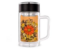 One T Cup Tasse mit Sieb und verschließbarem Deckel - 360 ml Teeglas mit Filter für losen Tee - doppelwandiger Thermobecher Travel Mug - Borosilikatglas Teetasse to go