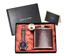 Zarte Uhr Flachmann Set für Ehemann, klassisches schwarzes Zifferblatt, Quarzuhr für Freund, zarte braune Lederarmbanduhr für Herren