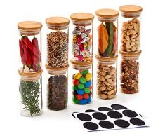 EZOWare 10er Set Glas Vorratsdosen, Kleine Vorratsgläser Lagerung Behälter aus Borosilikatglas mit Bambus Deckel und Kreidetafel-Etiketten, für Küche, Bad, Dekoration, Gewürze Aufbewahrung - 200 ml