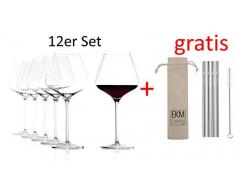 Stölzle Lausitz 12er Set Quatrophil Bordeaux 708 ml, Glas, durchsichtig, 25 cm + Gratis 4er Set EKM Living Edelstahl Trinkhalme