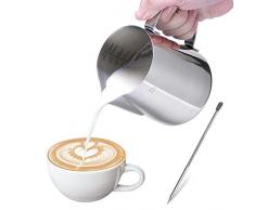 Milchkännchen, Dailyart 350ml Milchkanne Edelstahl Handheld Aufschäumkännchen Krug Kaffee Creamer Milch Aufschäumer Kännchen Tasse mit Messung Mark und Latte Art Pen, Perfekt für Cappuccino Espresso