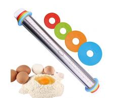 Saebye Teigrolle Edelstahl, Dicke-Verstellbares Nudelholz Einstellbar mit Distanz-Scheiben in 4 Größen, Rolling Pin Teigroller,18/8 Edelstahl, 4.5 cm Durchmesser, 44 cm Länge