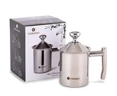 VIENESSO Hand-Milchaufschäumer aus Edelstahl mit Mesh Sieb - Manueller Milchschäumer für cremigen Milchschaum für Kaffeespezialitäten, Milk Frother inkl. Barista E-Book (Silber, 400 ml)