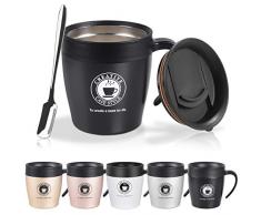 Vabaso 330ML Thermobecher, Coffee to Go Becher mit BPA-frei Deckel, Griff und Kleine Kaffeelöffel, Doppelwand Isolierung, Edelstahl Trinkbecher für Tee Kaffee Cocktails Bier Schwarz