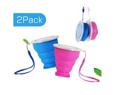 Ruesious Camping Klappbecher 200ML faltbare tragbare Silikonbecher aus Edelstahl für Reise Picknick Outdoor Wandern Rosa und Blau 2 Stück
