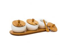 Relaxdays Gewürzhalter JIAO aus Keramik und Bambus H x B x T: ca. 8,5 x 30,5 x 12 cm Gewürzdosen mit Deckel und Halter als Gewürzständer und Dipschalen für den Tisch inklusive passender Löffel, natur