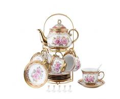 ufengke-ts 13 Stück Europäischen Titan Gold Tee Set Mit Metall Ständer, Rose Druck Vintage Keramik Teeservice Service Kaffee Set, Für Geschenk Und Haushalt