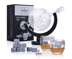 Whisky Karaffe - Glas-Whisky-Karaffe-Set - Kugelkaraffe von 850 ml mit Glasstopfen, 2 geätzten Kugelgläsern, Edelstahl-Ausgießtrichter und 9 Whiskysteinen